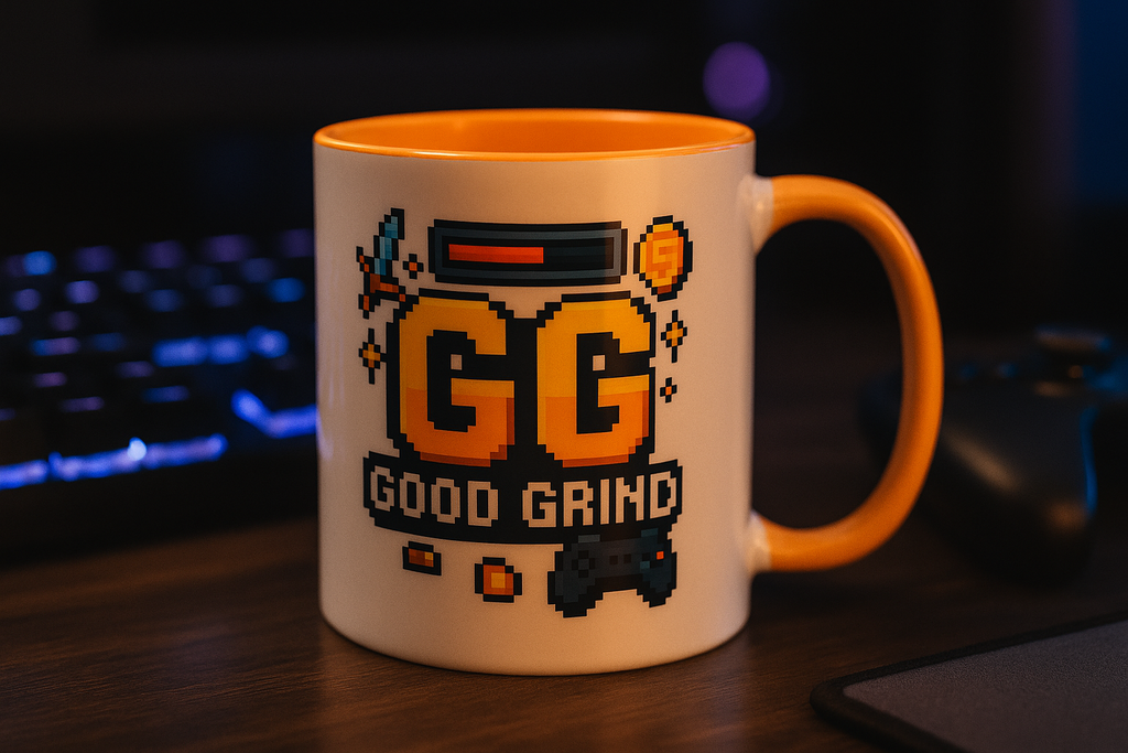 GG gamer mug – retro pixel art coffee cup gift for gamers