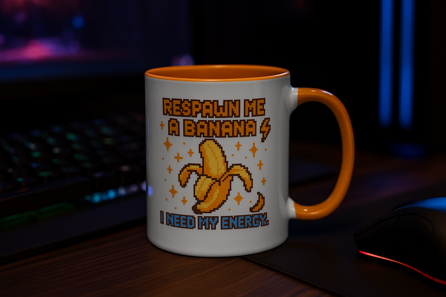 Pixel art coffee mug with banana energy quote – fun gamer gift