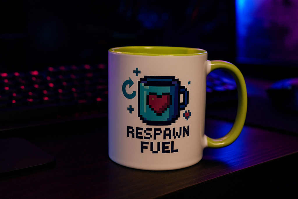Funny respawn fuel pixel art mug – coder coffee gift idea