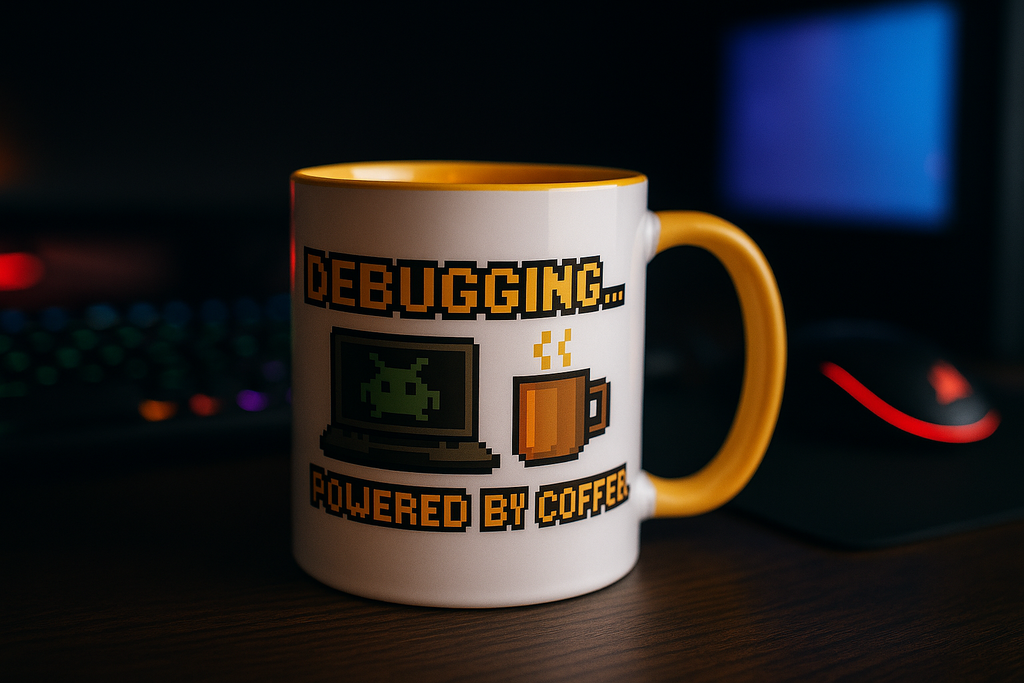Pixel art debugging mug – powered by coffee humorous coder gift