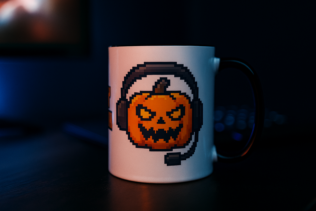 Halloween pixel art mug with headset pumpkin design for gamers