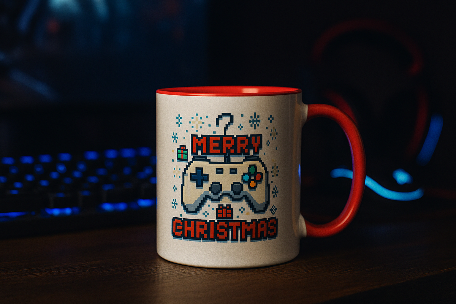 Retro pixel art Merry Christmas mug with gaming controller graphic