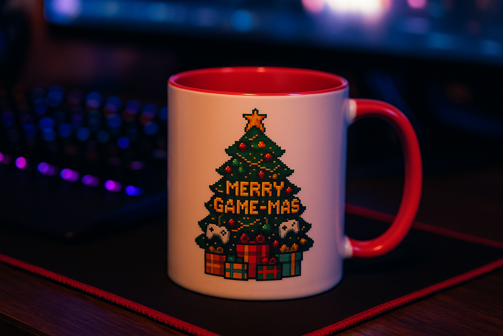 Holiday gamer mug with Christmas tree and controllers – pixel art coffee cup