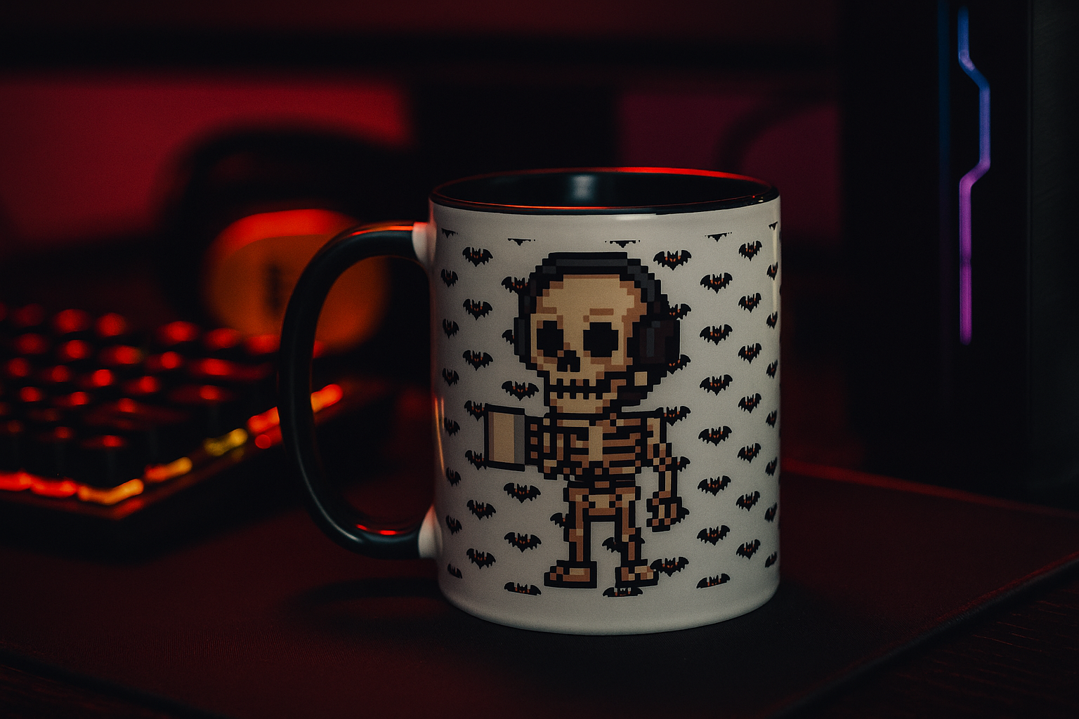 Skeleton pixel art mug gift for gamers – spooky Halloween vibes