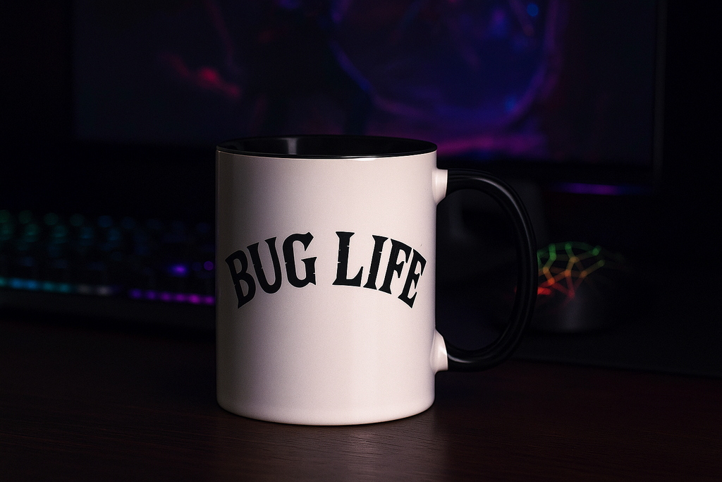 Humorous bug life coffee cup – perfect for coders and engineers