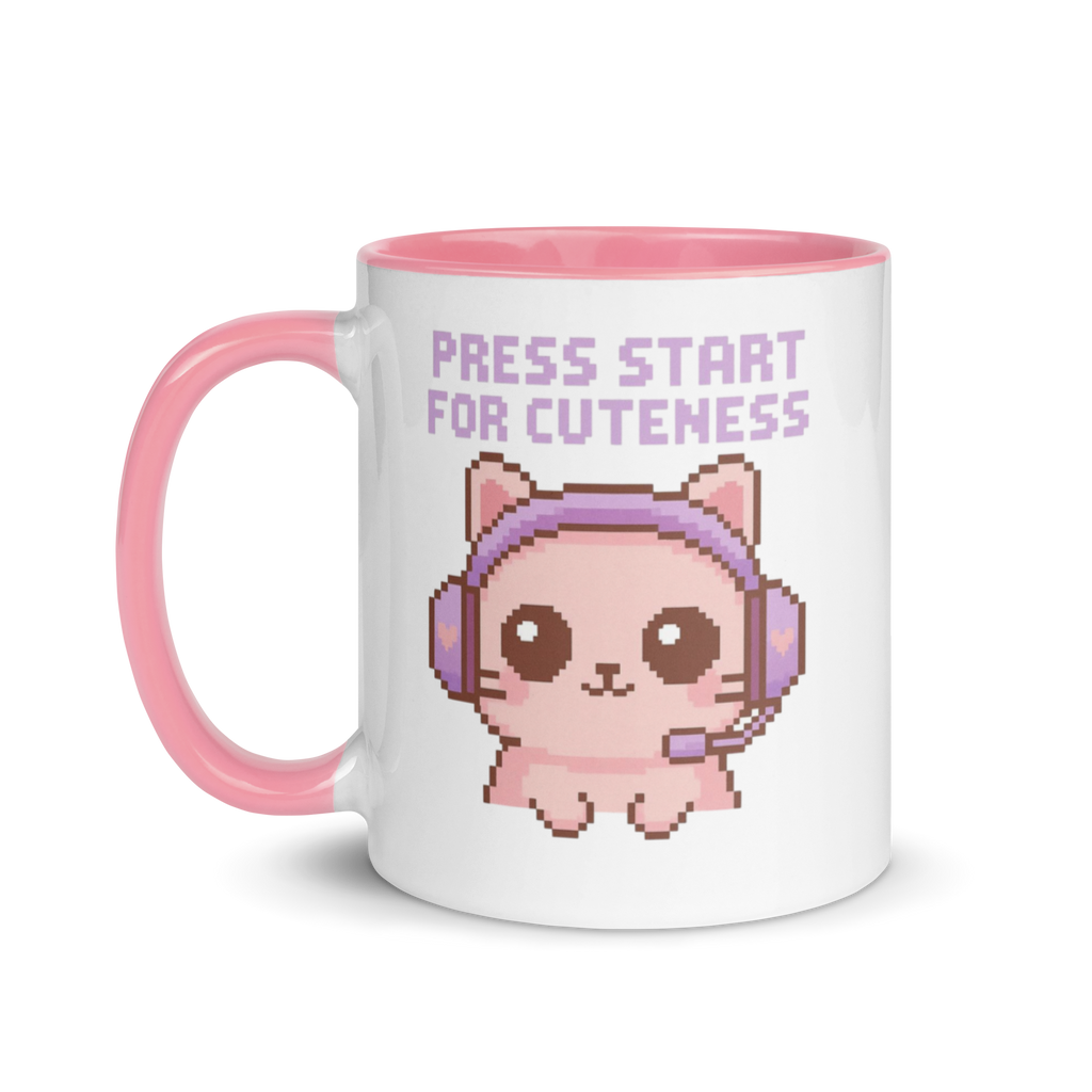 Cute pixel art cat mug with text “Press Start for Cuteness” and pink handle