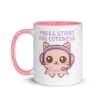 Cute pixel art cat mug with text “Press Start for Cuteness” and pink handle
