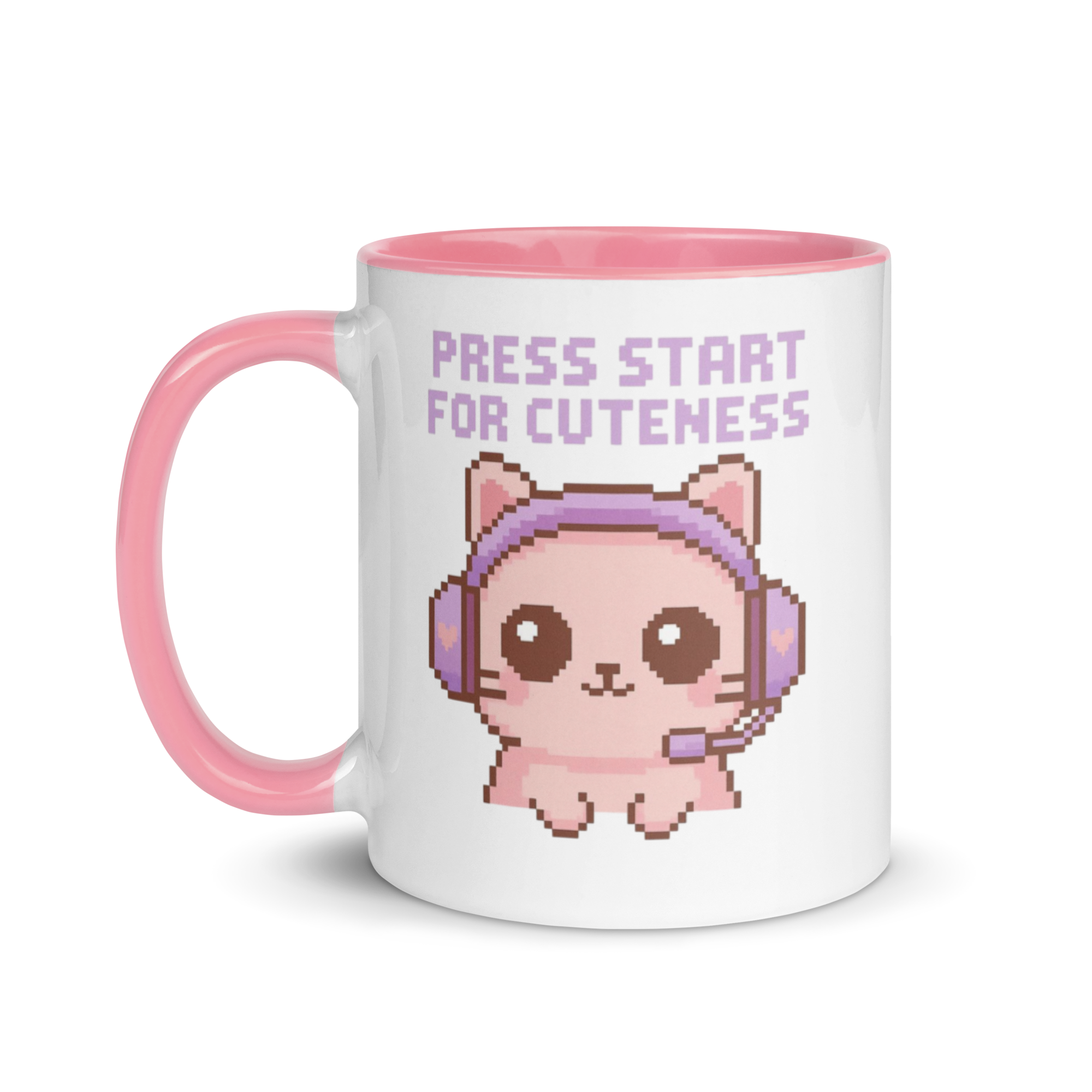 Cute pixel art cat mug with text “Press Start for Cuteness” and pink handle