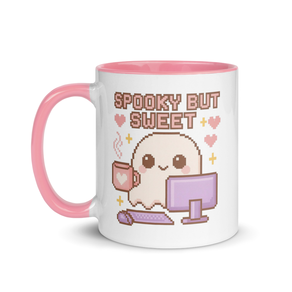 Cute pixel art ghost mug with pink handle and text “Spooky But Sweet