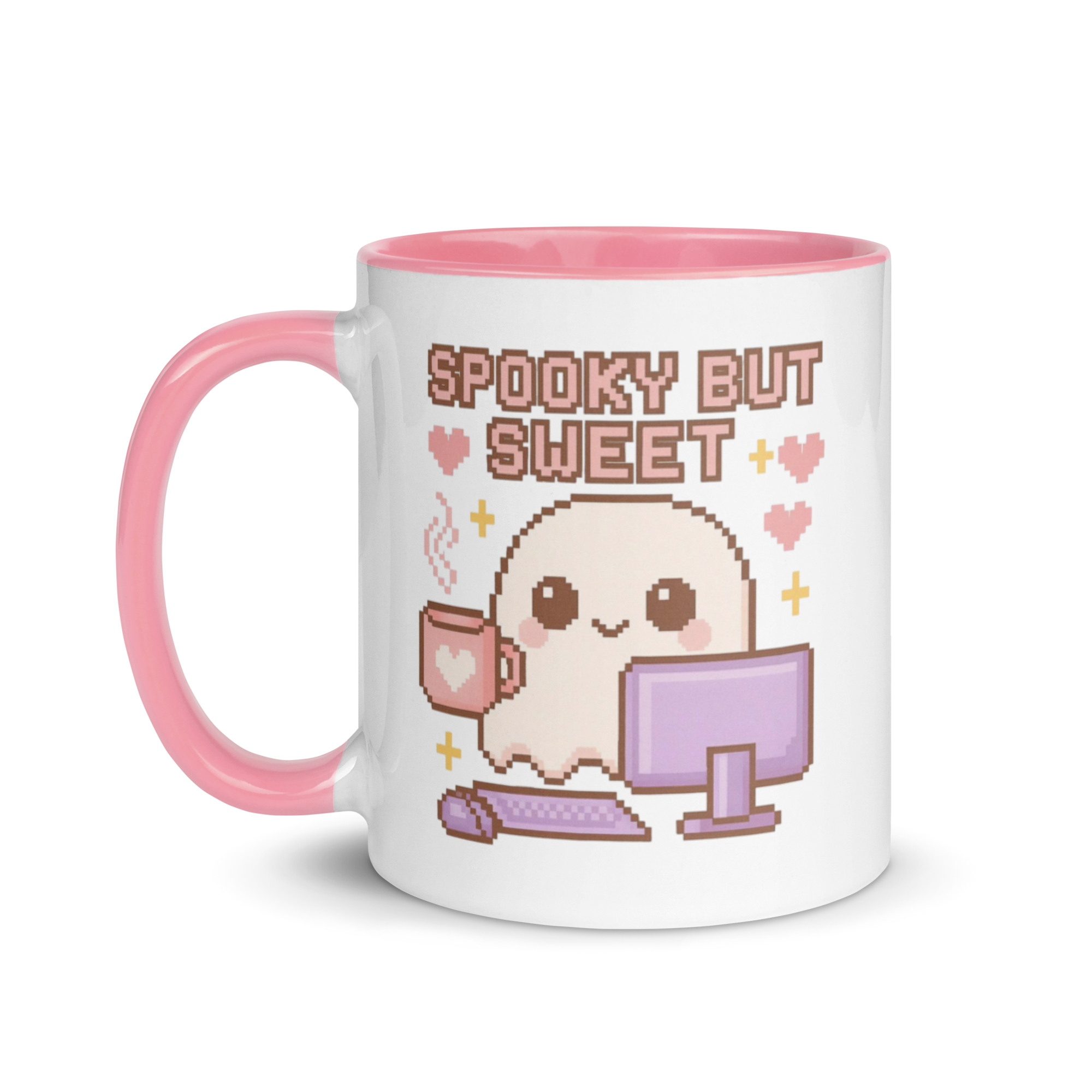 Cute pixel art ghost mug with pink handle and text “Spooky But Sweet