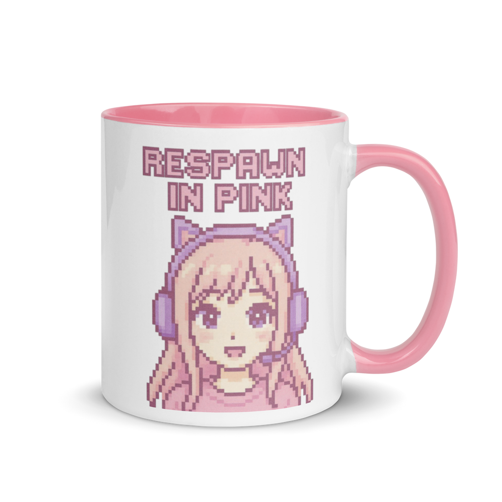 Cute pixel art mug featuring pink-haired gamer girl and headset