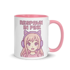 Cute pixel art mug featuring pink-haired gamer girl and headset