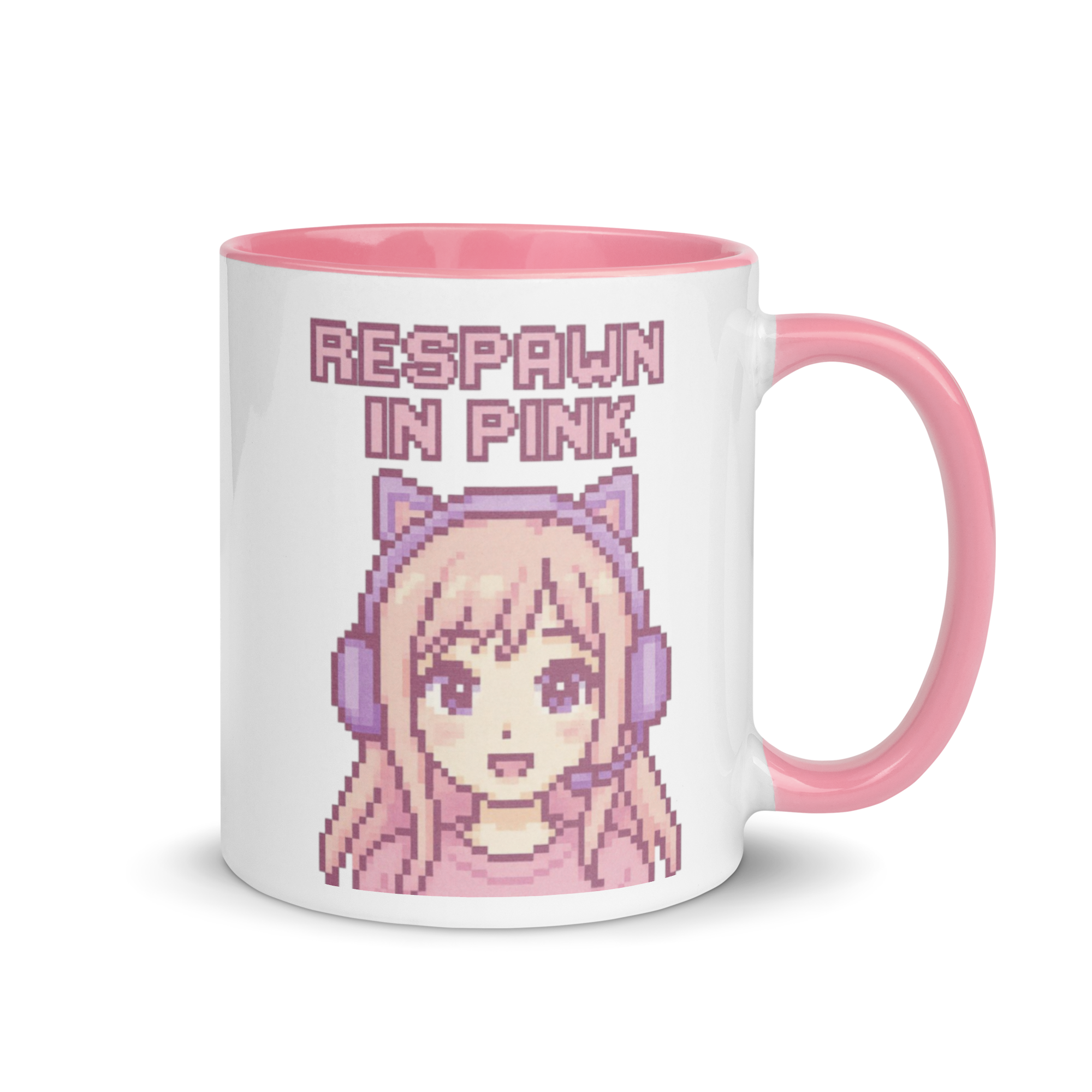 Cute pixel art mug featuring pink-haired gamer girl and headset