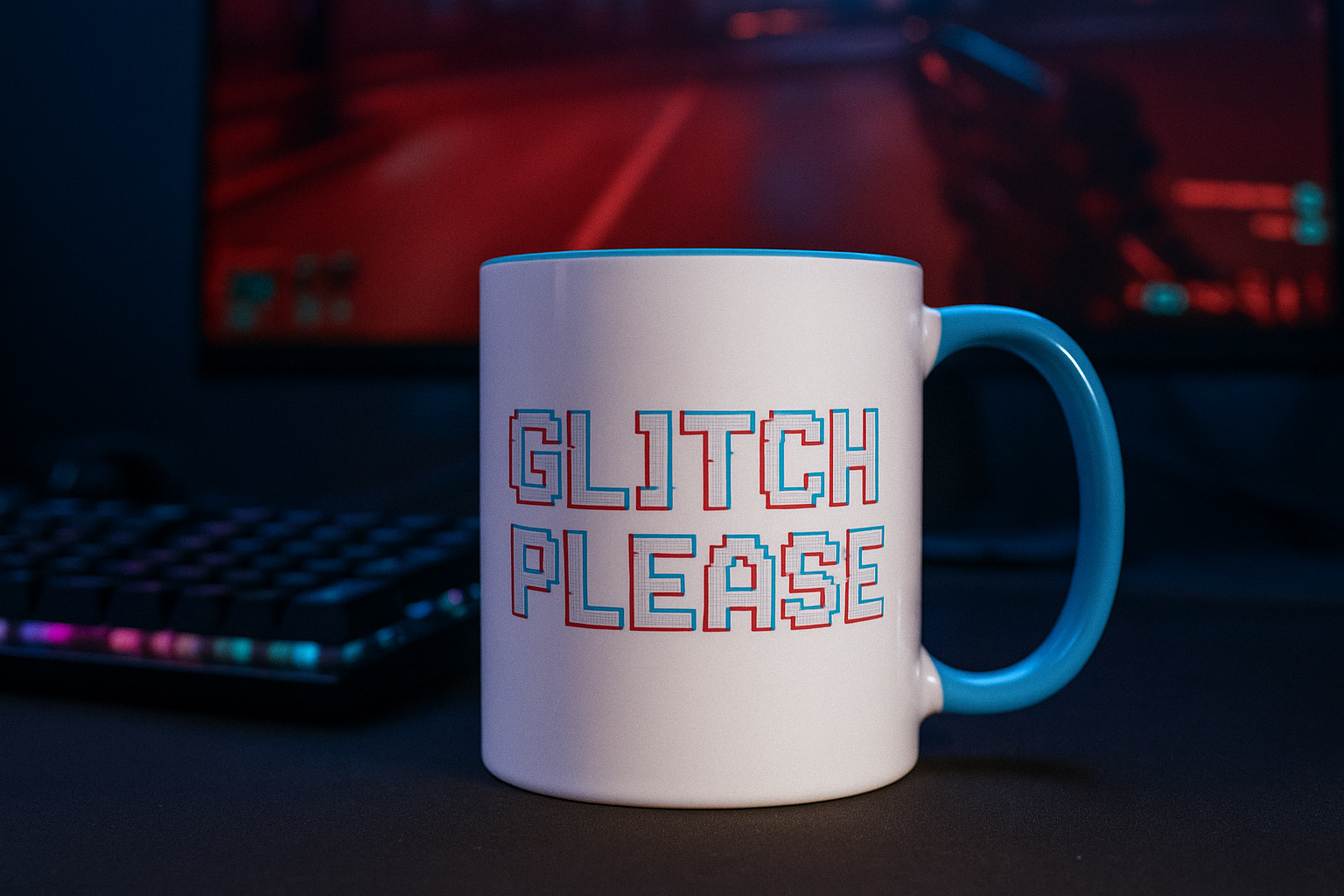 Gamer coffee cup with glitch please phrase – retro style design