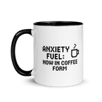 Funny coffee cup with anxiety fuel text – retro pixel art design