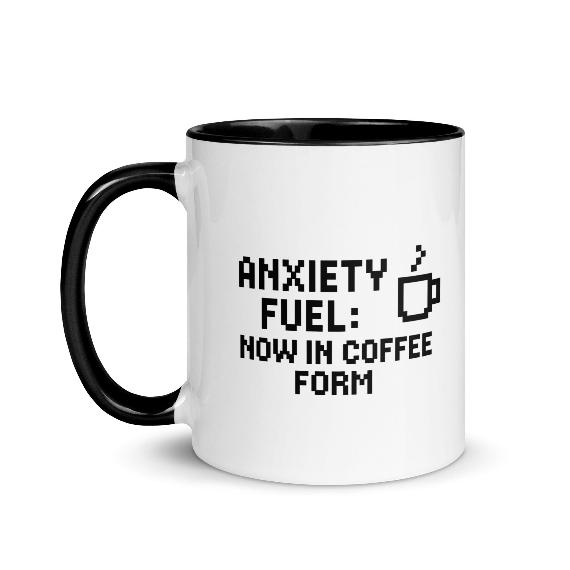 Funny coffee cup with anxiety fuel text – retro pixel art design