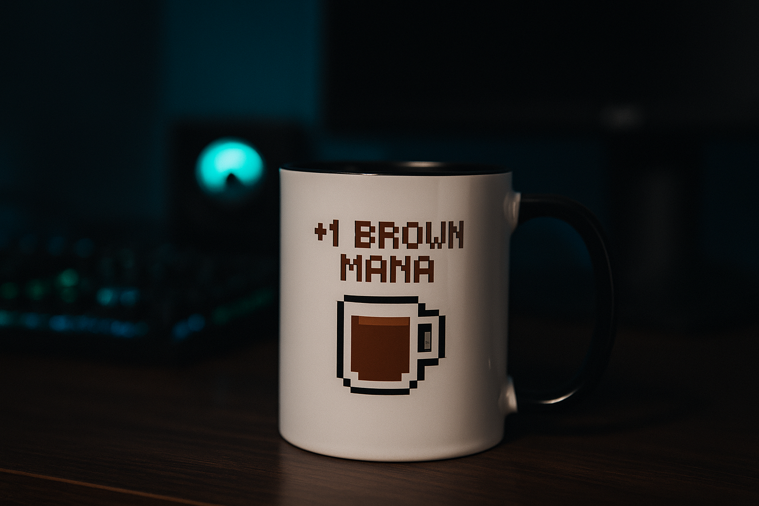 Funny gamer coffee mug – +1 Brown Mana pixel art design for coffee fans
