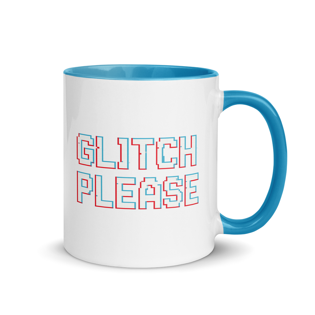 Glitch please mug – funny gamer coffee cup with retro glitch text