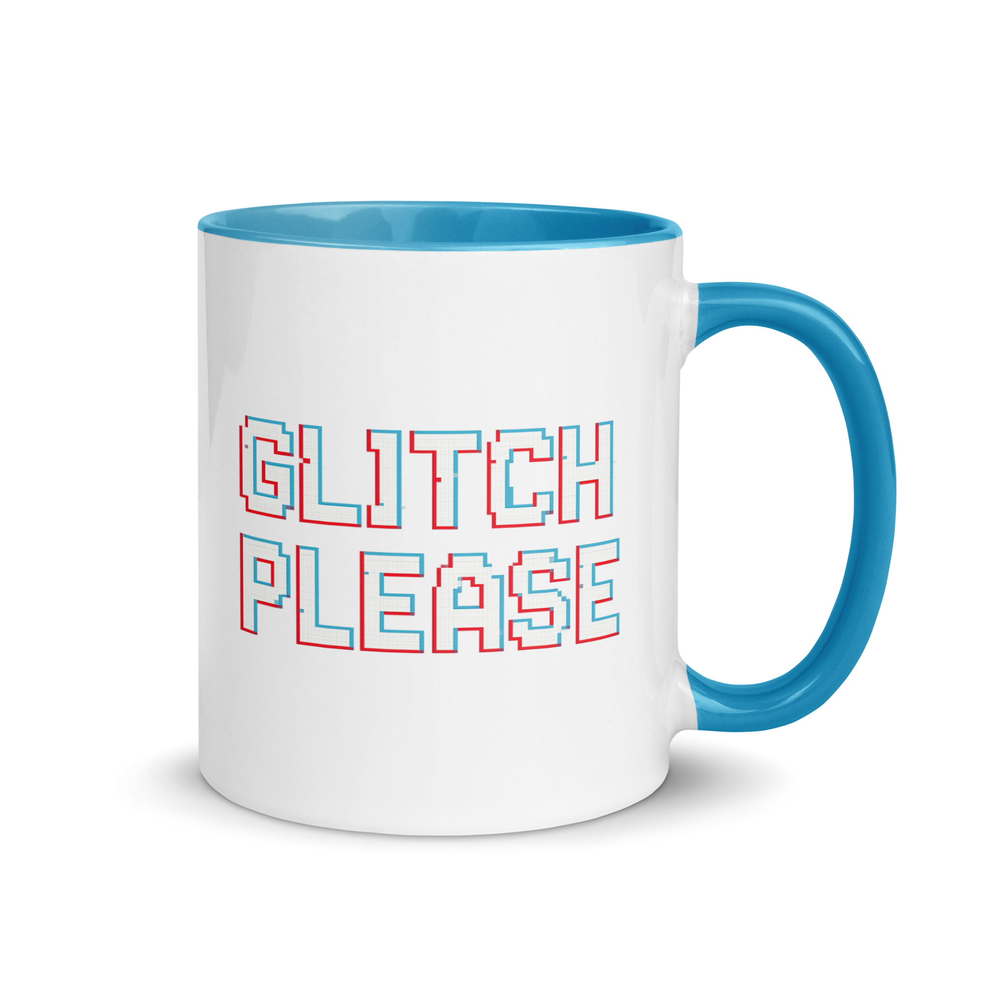 Glitch please mug – funny gamer coffee cup with retro glitch text