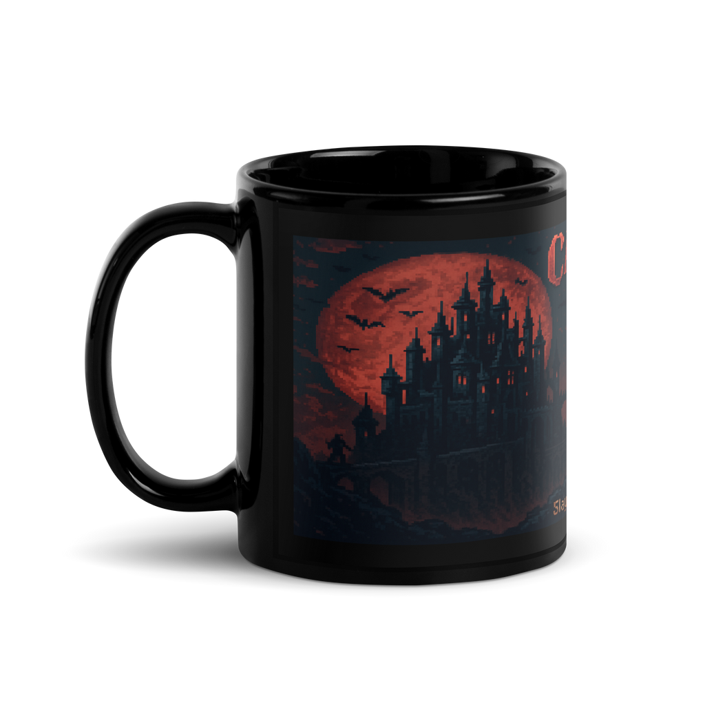 Gothic gamer mug with 16-bit vampire hunter artwork