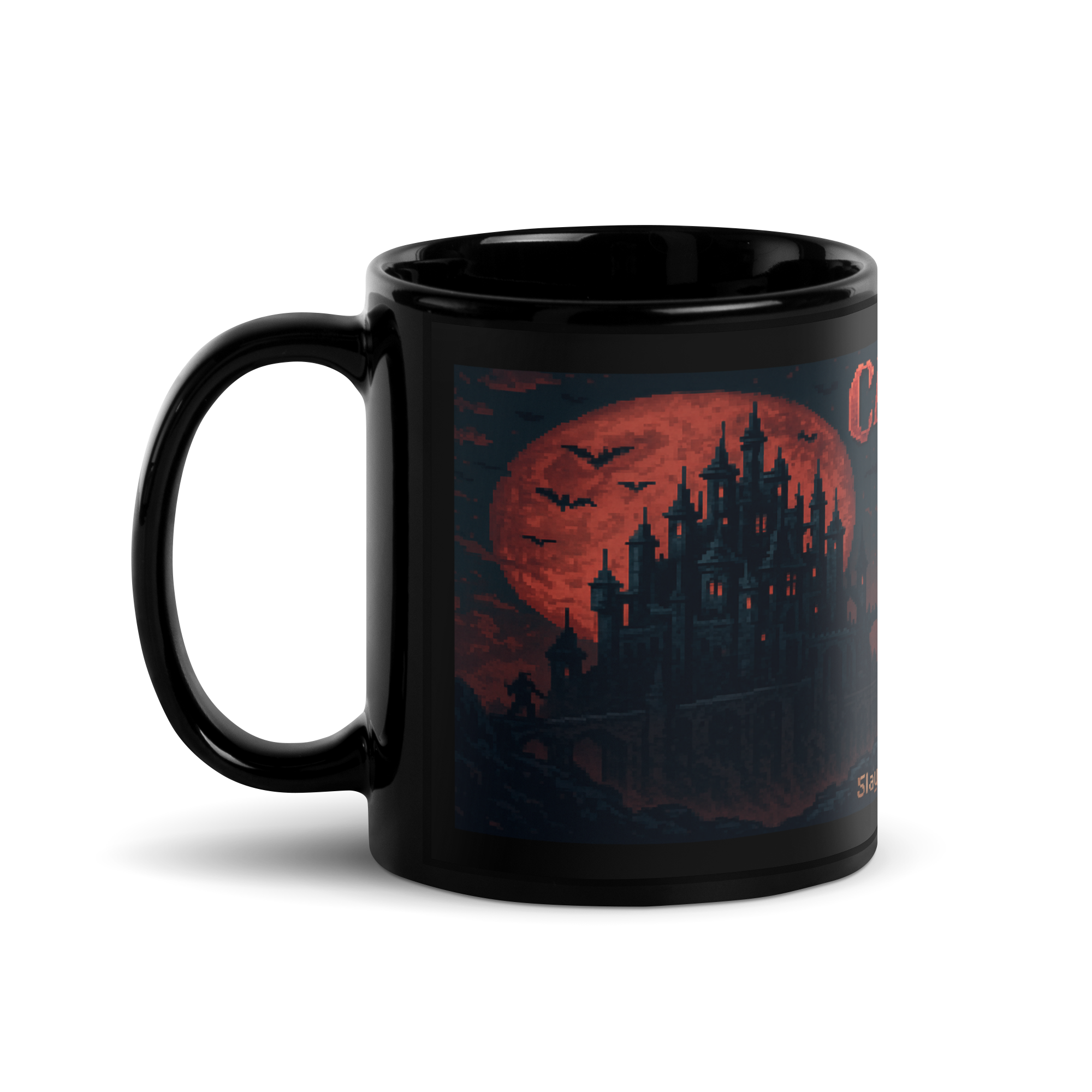 Gothic gamer mug with 16-bit vampire hunter artwork