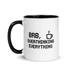 Humorous pixel art coffee cup – BRB overthinking everything quote