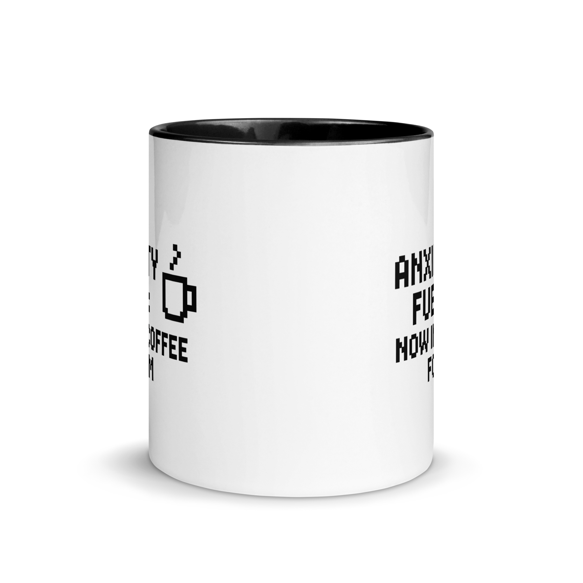 Humorous pixel art coffee mug – anxiety fuel now in coffee form quote