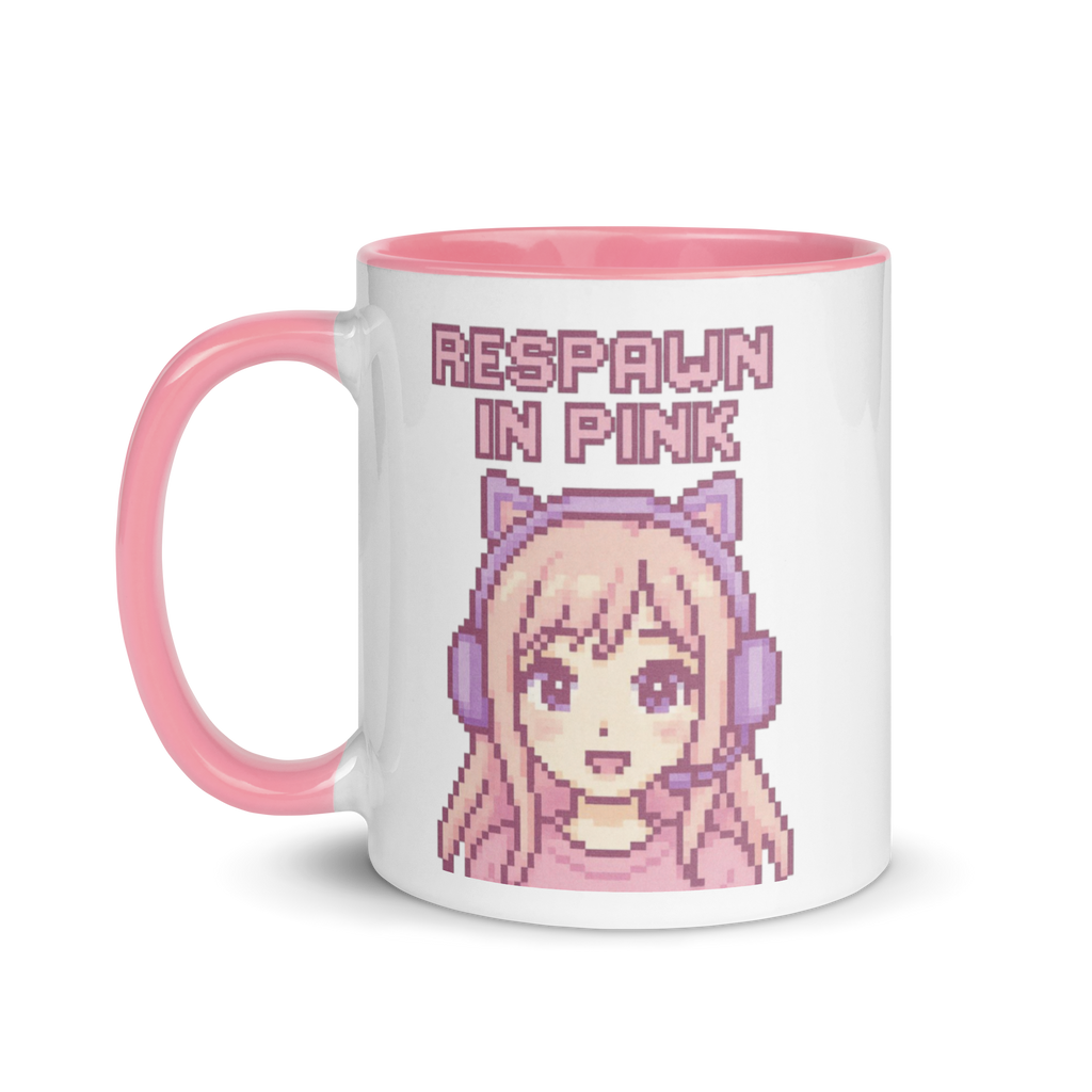 Kawaii gamer girl mug with text “Respawn in Pink” and pink handle