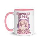 Kawaii gamer girl mug with text “Respawn in Pink” and pink handle