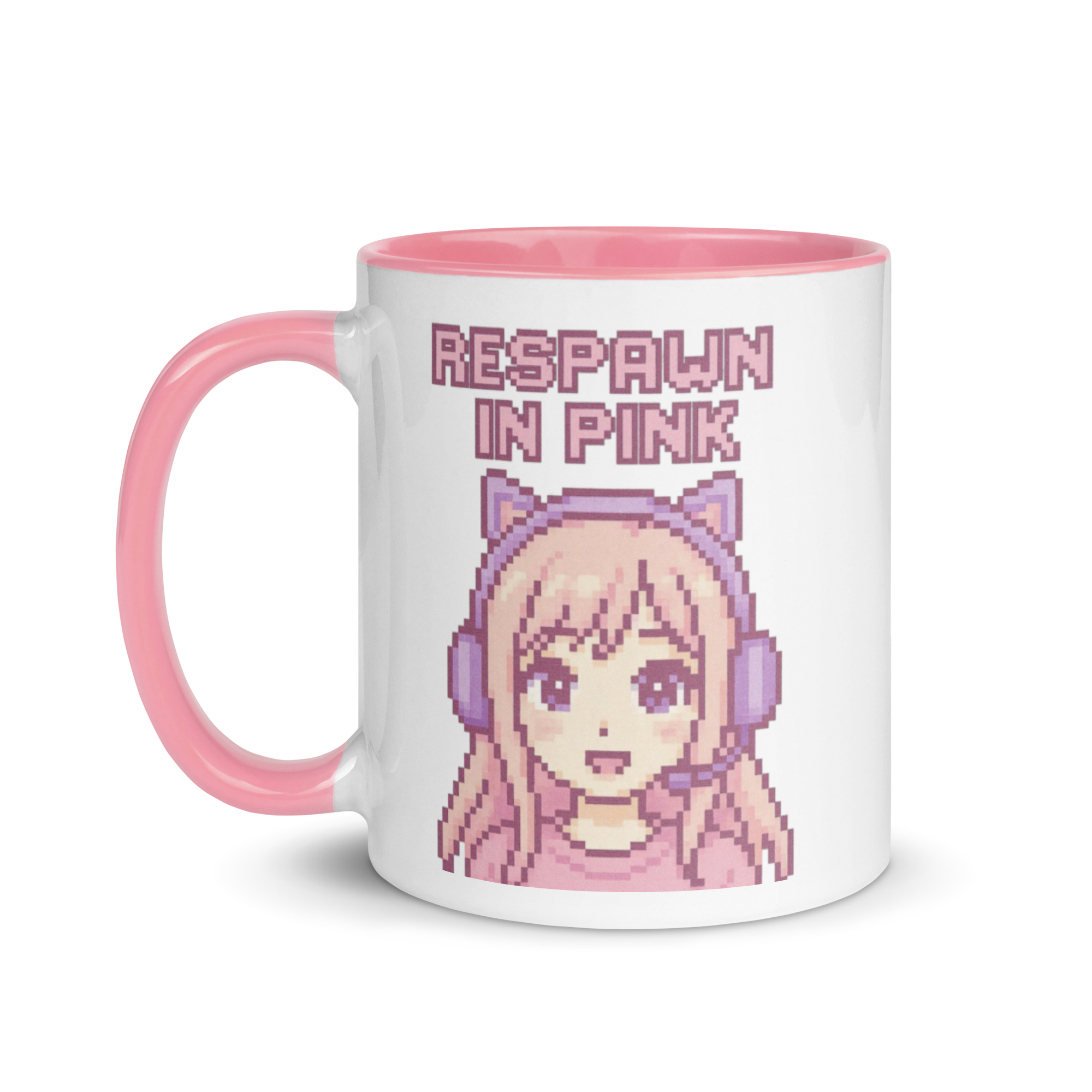 Kawaii gamer girl mug with text “Respawn in Pink” and pink handle