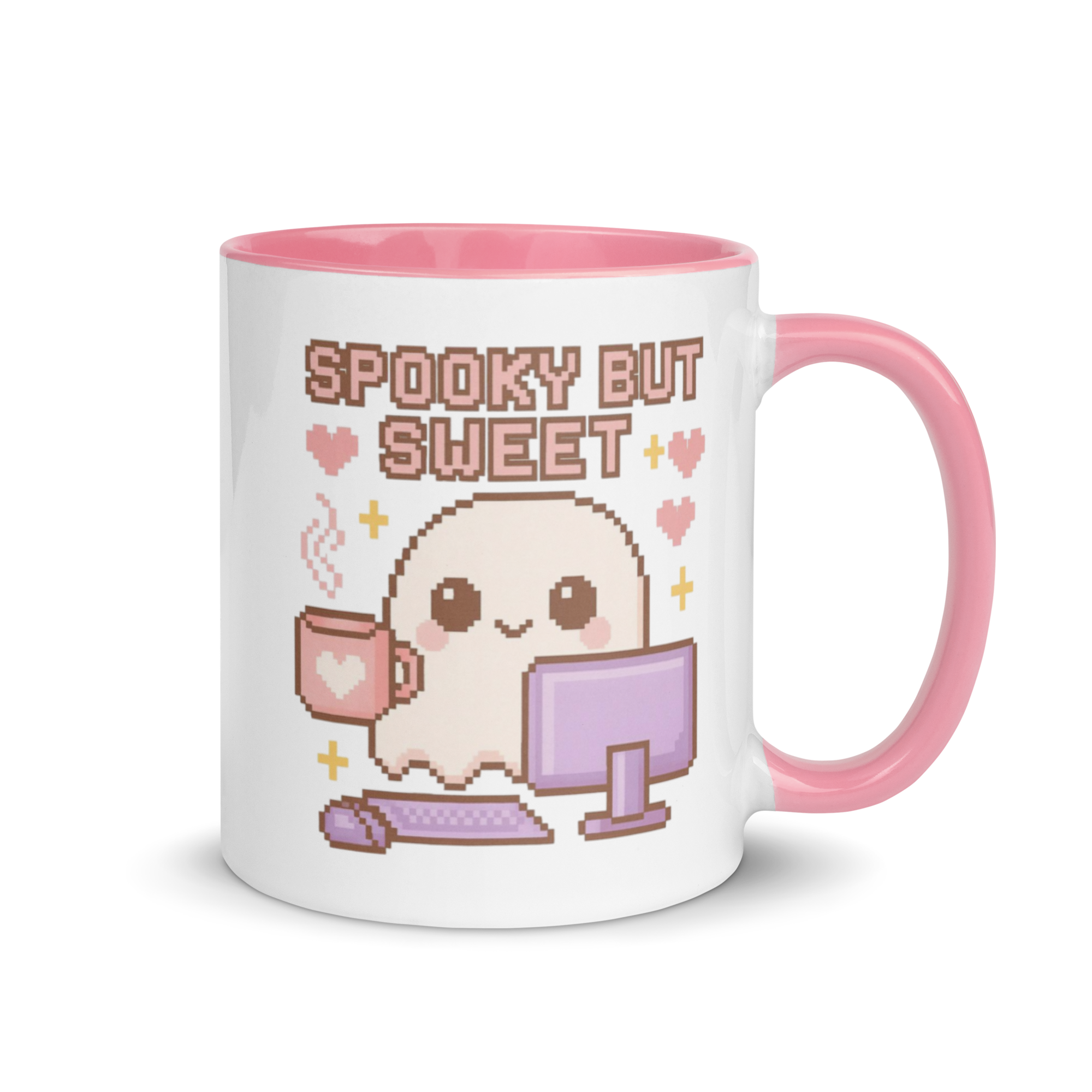 Kawaii pastel coffee mug with gaming ghost and monitor