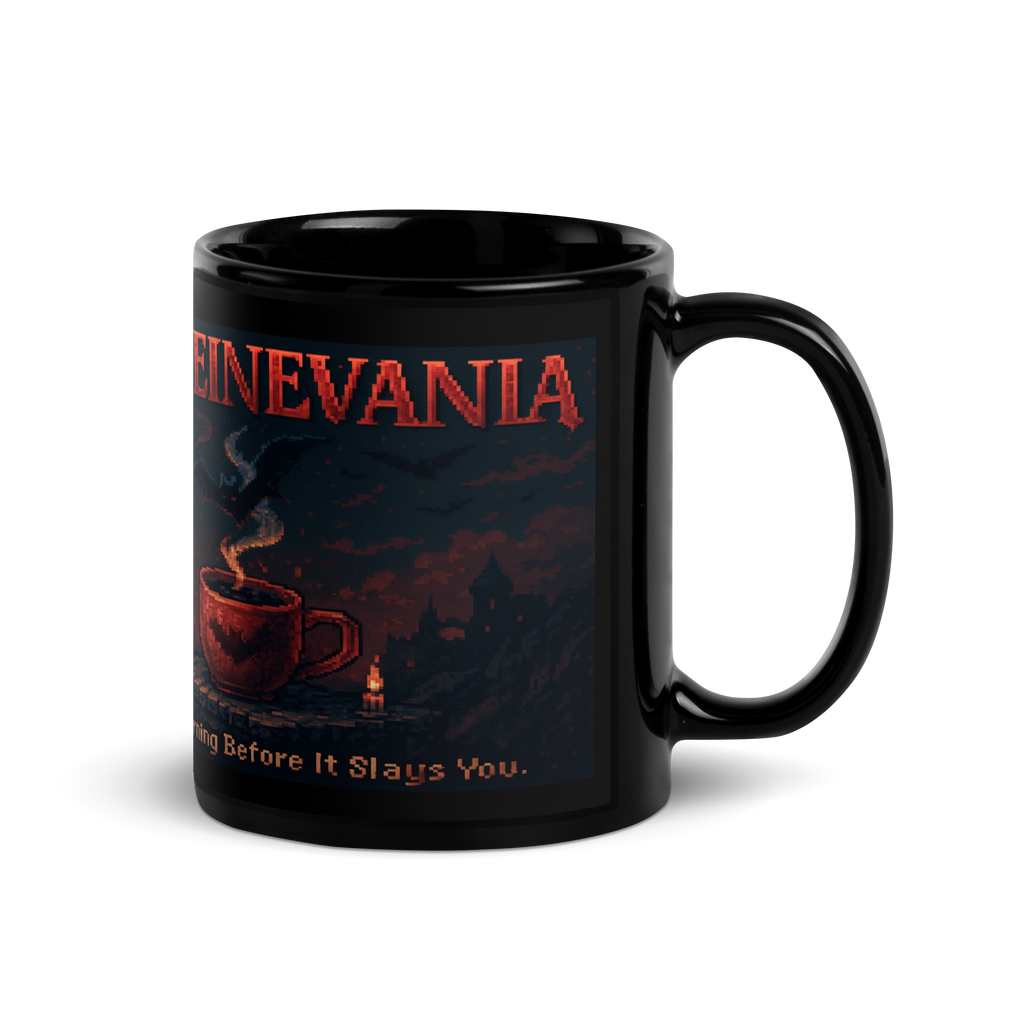 Pixel art Caffeinevania coffee mug with red moon and castle design