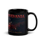 Pixel art Caffeinevania coffee mug with red moon and castle design