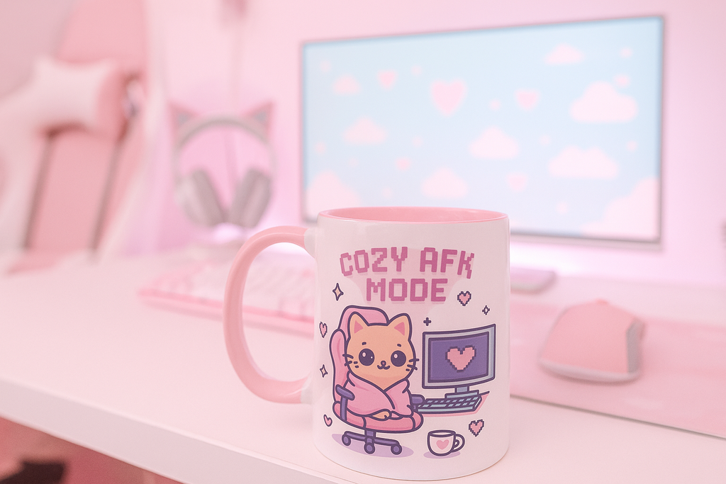 Pixel art cat mug with hearts and pastel design