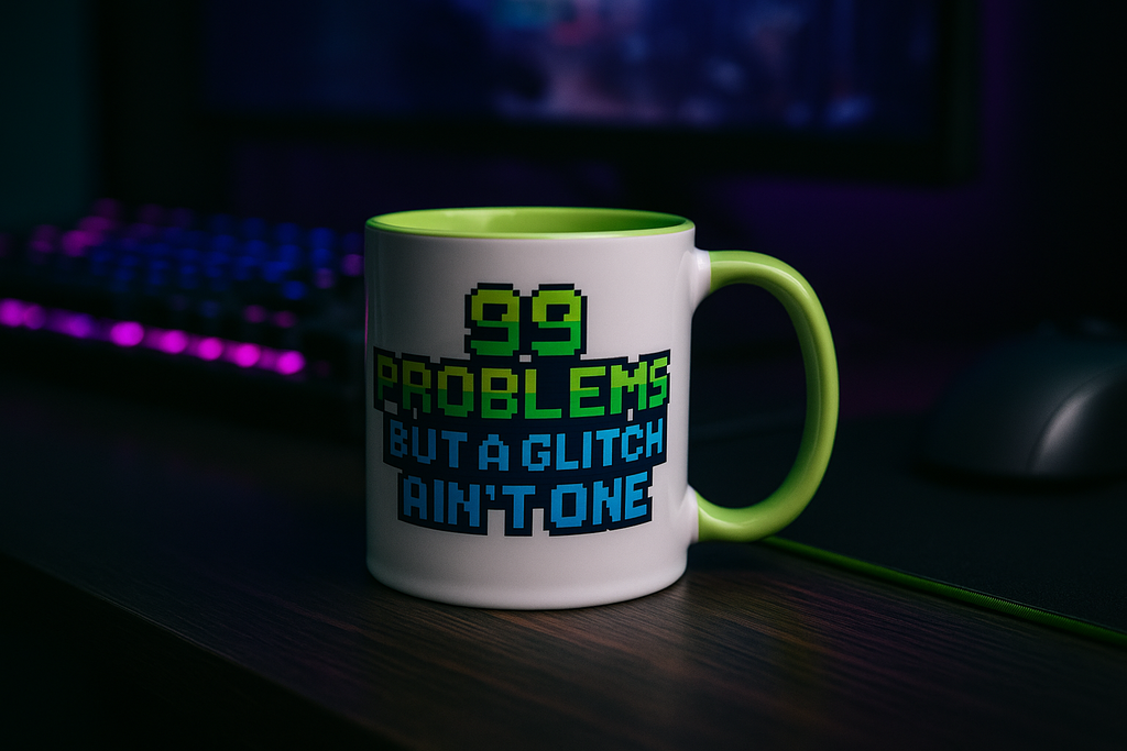 Retro 99 problems developer mug – humorous glitch quote design