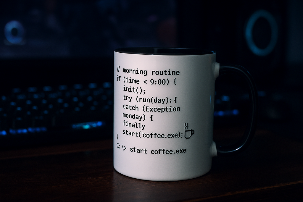 Retro developer coffee mug – start coffee.exe quote design