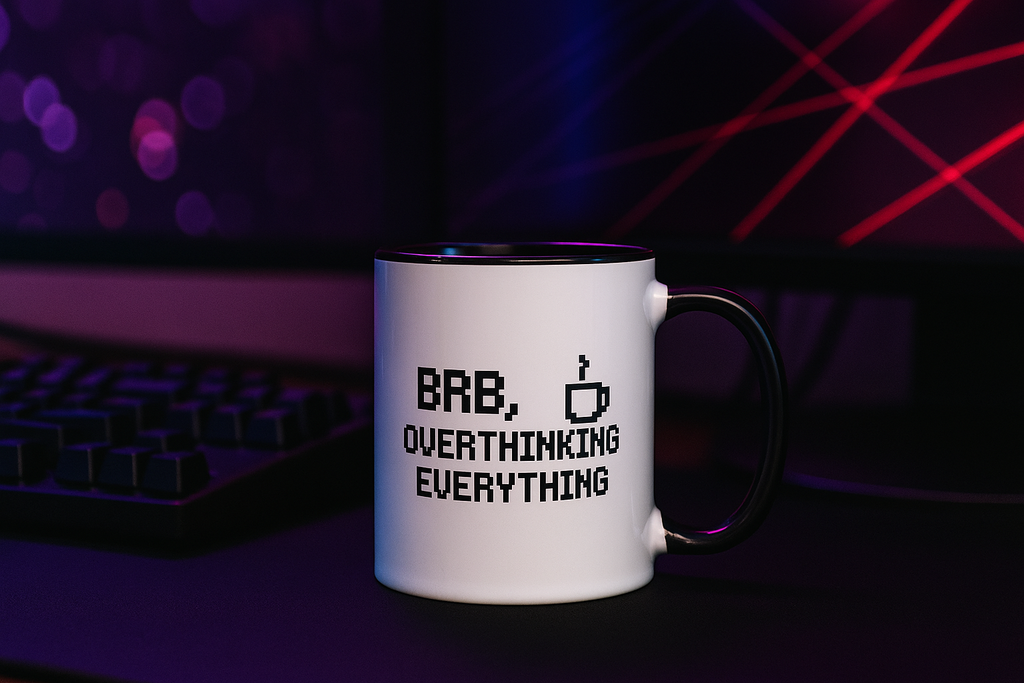 Retro pixel art coffee mug with BRB overthinking everything message