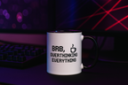 Retro pixel art coffee mug with BRB overthinking everything message