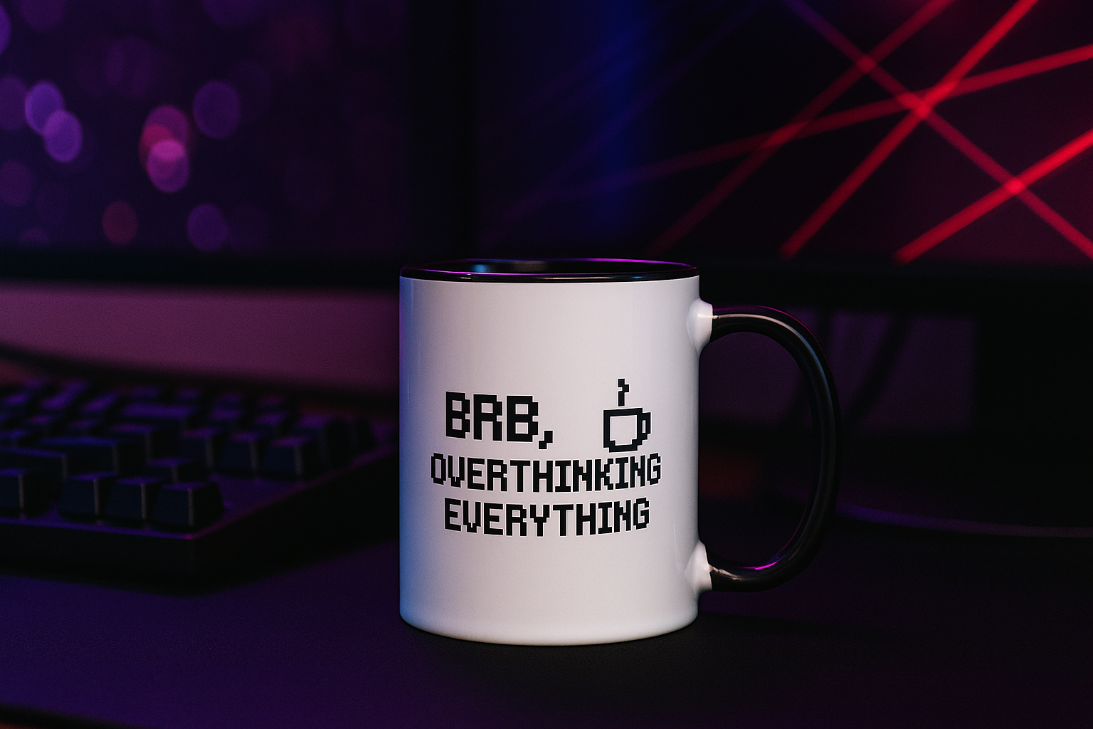 Retro pixel art coffee mug with BRB overthinking everything message