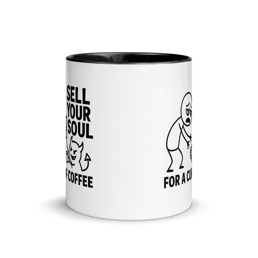 Funny Halloween mug with devilish soul trade design – coffee lover gift