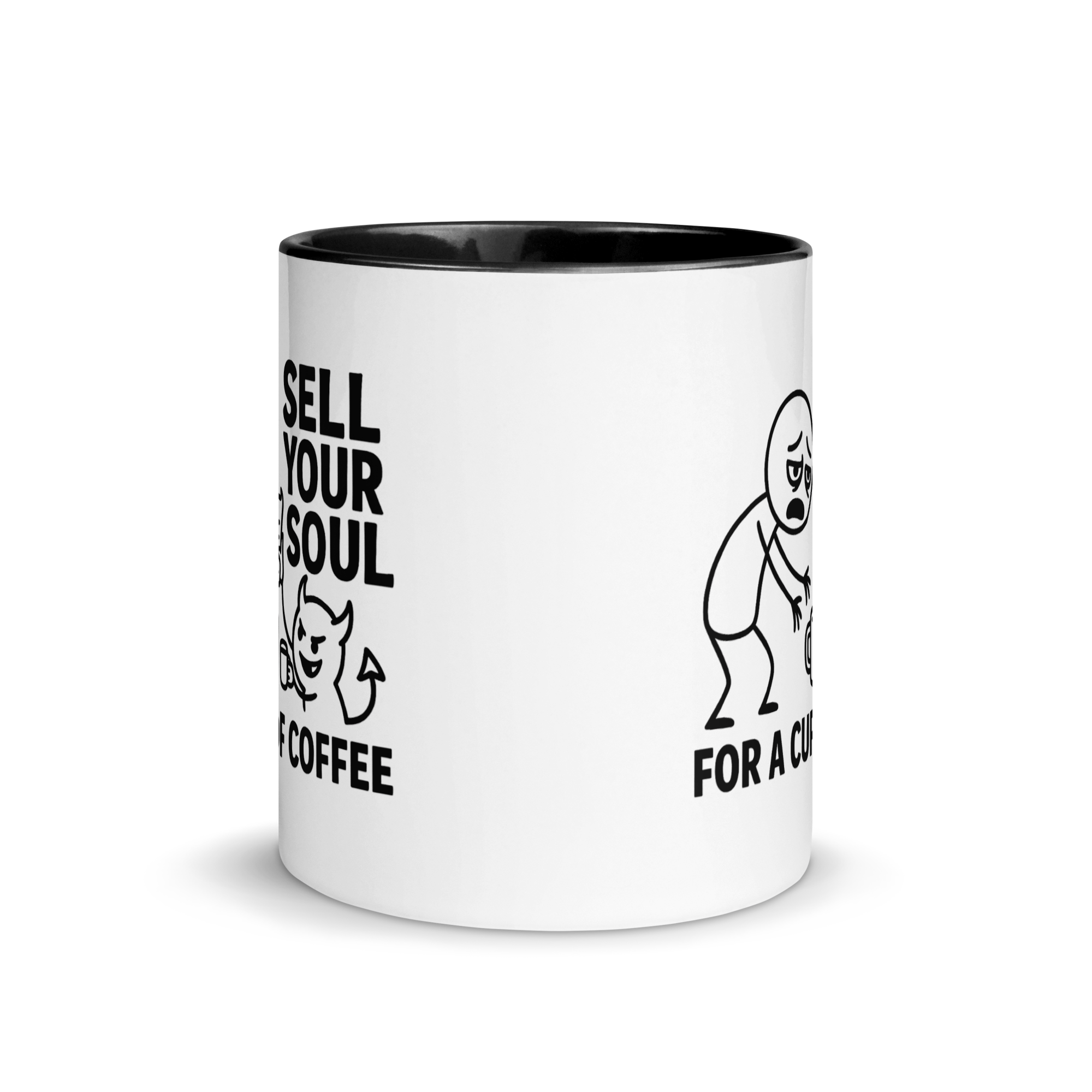 Funny Halloween mug with devilish soul trade design – coffee lover gift