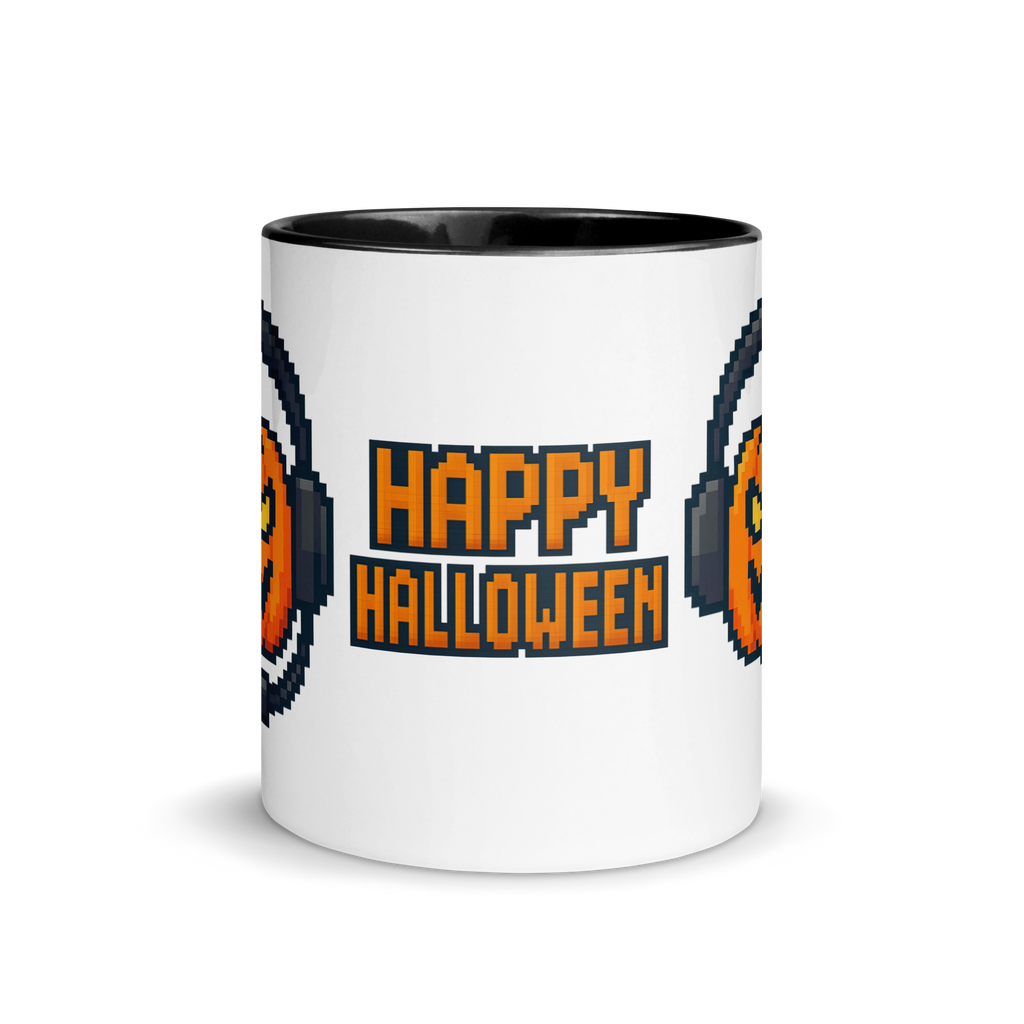 Pixel art Halloween coffee mug for gamers – retro pumpkin style