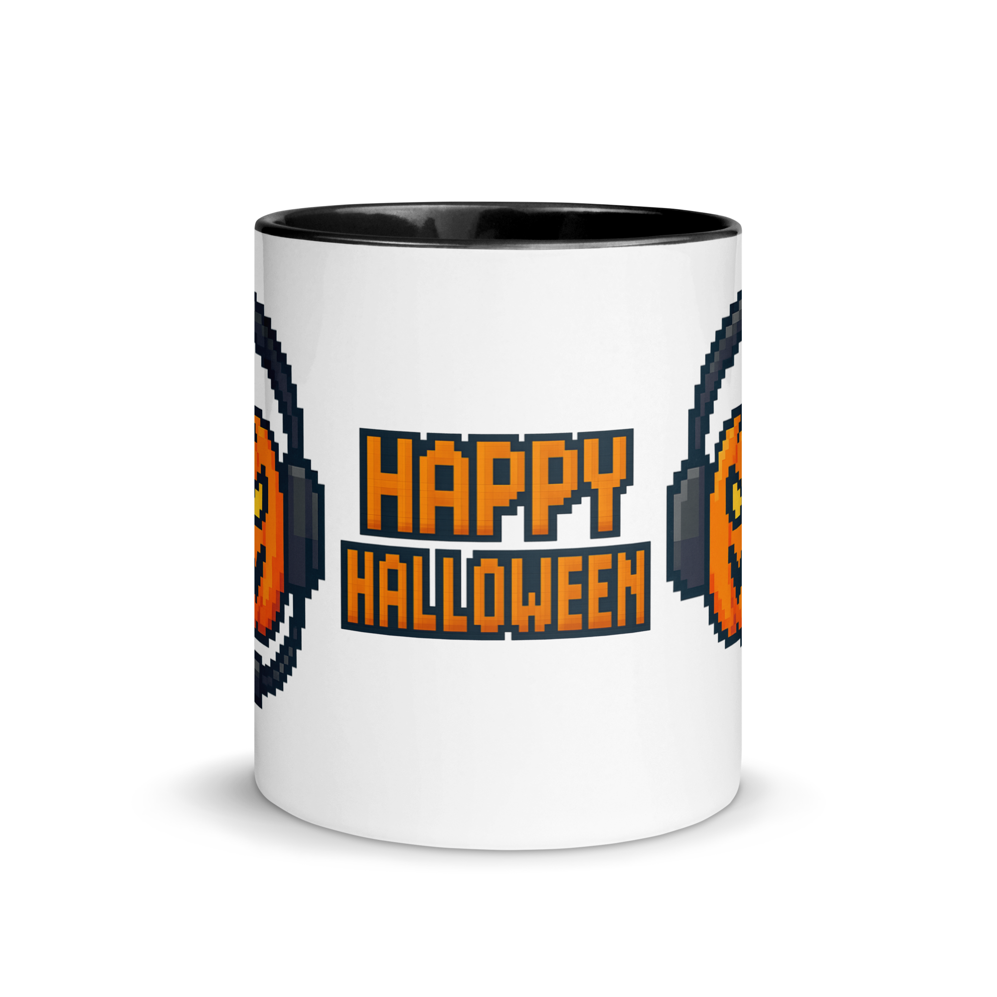 Pixel art Halloween coffee mug for gamers – retro pumpkin style