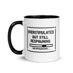 Funny gaming mug – overstimulated but respawning coffee cup design