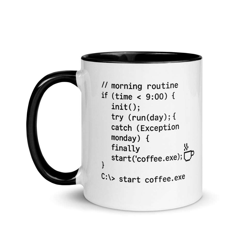 Developer coffee mug – start coffee.exe humorous coding design