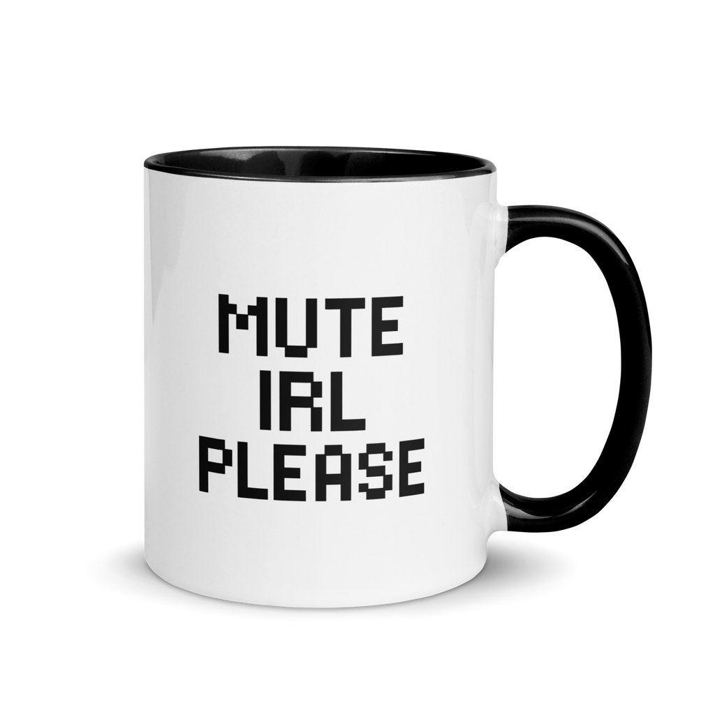 Mute IRL please mug – funny gamer coffee cup with bold text design