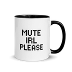 Mute IRL please mug – funny gamer coffee cup with bold text design
