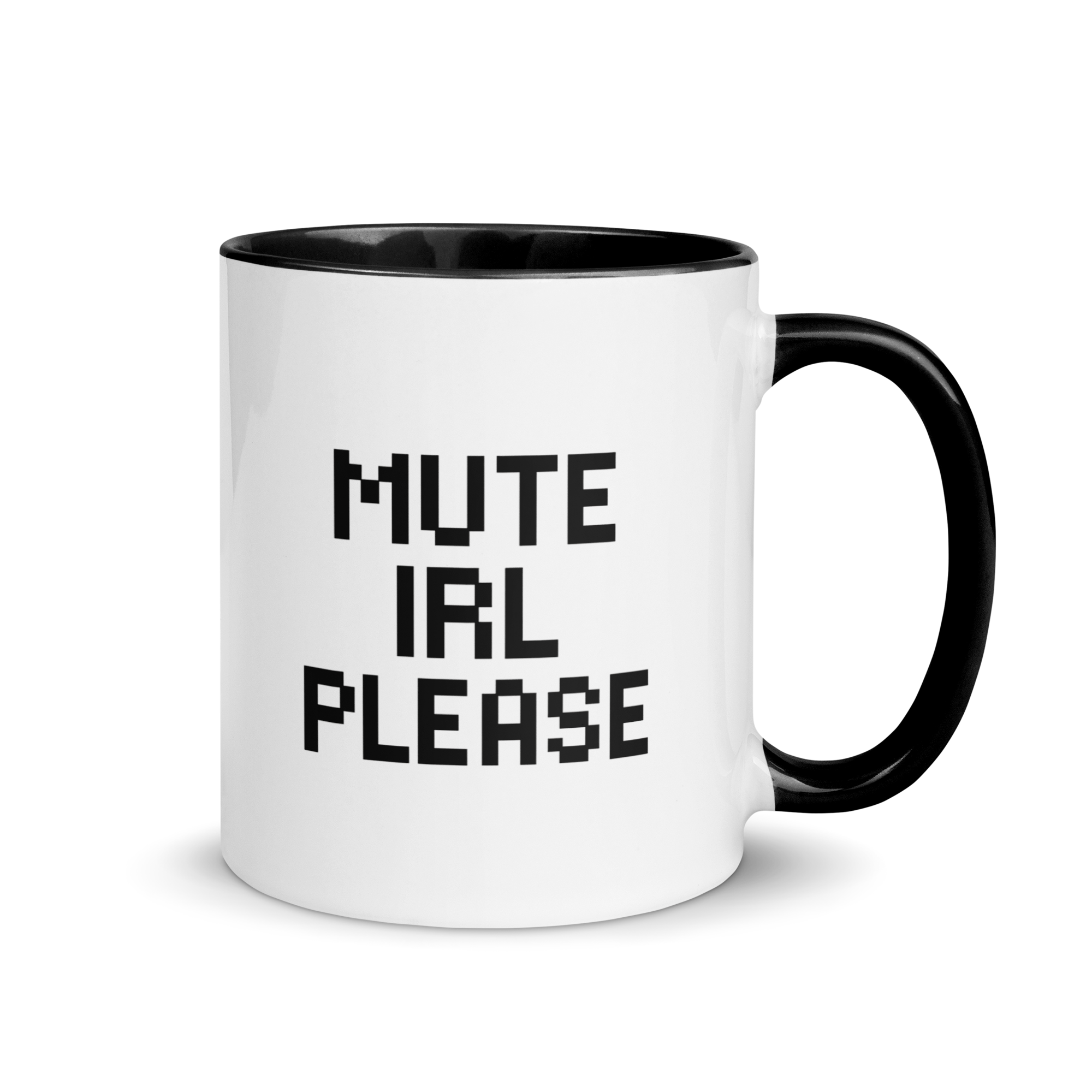 Mute IRL please mug – funny gamer coffee cup with bold text design