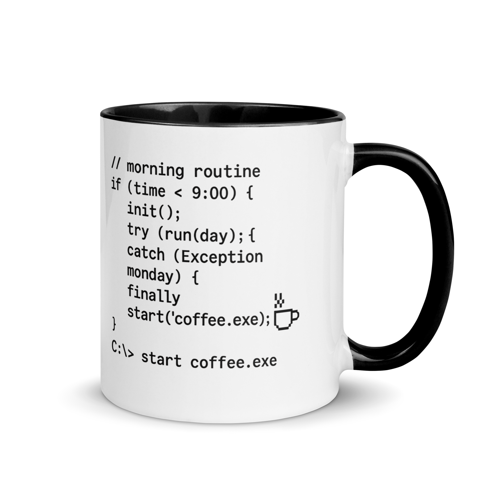 Start coffee.exe mug – funny developer coffee cup with code design