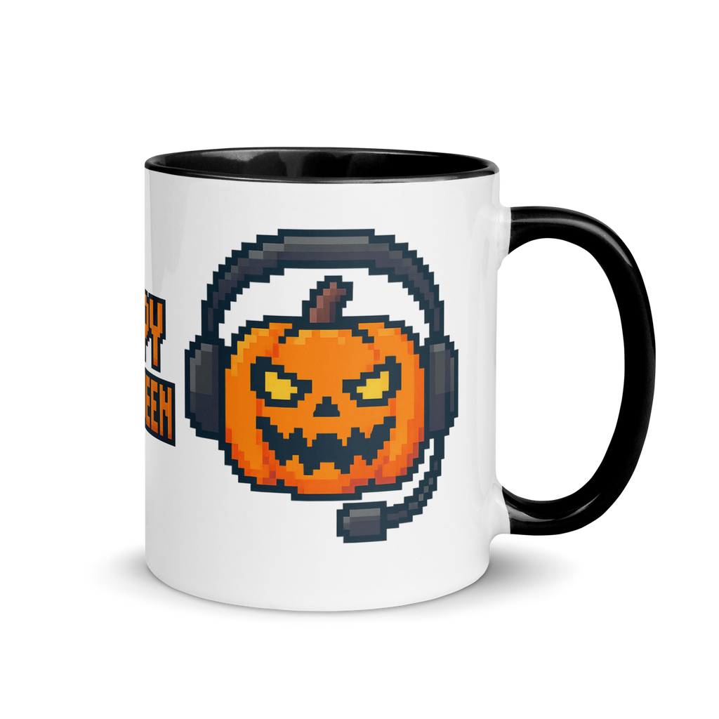 Happy Halloween pixel art mug with spooky pumpkin headset design